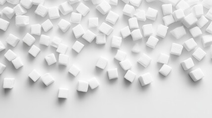 White sugar cubes scattered on white surface.