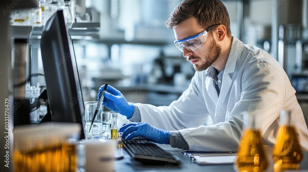 Poster A Scientist Working in a Laboratory Setting with Chemicals and a Computer