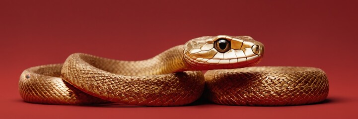 Obraz premium Golden snake coiled on red background