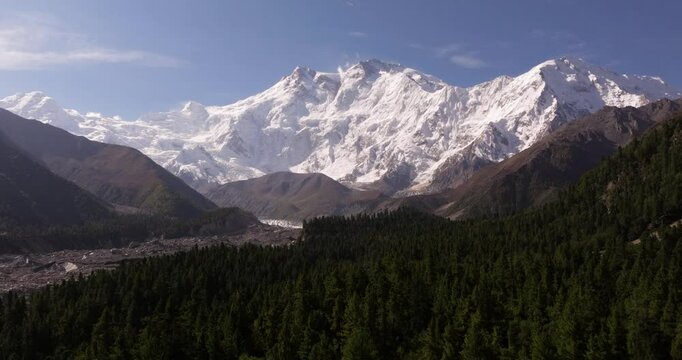 Amazing Hyperlapse Above Beautiful Pine Forest with Nanga Parbat in Background. Fairy Meadows, Pakistan