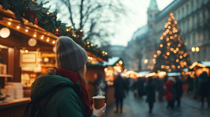 Fototapeta premium Woman enjoying a christmas market with festive lights