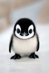 Fototapeta premium A small black-and-white penguin sits atop a snow-covered ground, contrasting against the blurry background