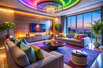 Vibrant TV Lounge with Modular Art Installation Above Curved Smart TV for Modern Interior Design
