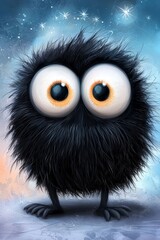 Fototapeta premium A tight shot of a black, furry creature with large eyes against a backdrop of a star-filled night sky, adorned with twinkling stars