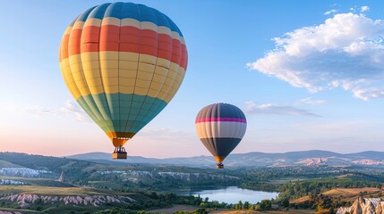 Obraz premium Vibrant hot air balloons float above a scenic landscape at sunrise, showcasing colorful designs against a tranquil sky and lush greenery.
