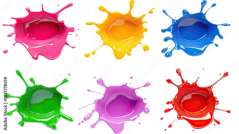 Poster colorful paint splashes in various hues on a transparent background generative ai