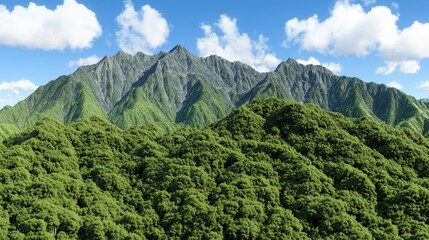Obraz premium Lush Green Forest and Mountain Range under a Blue Sky with Clouds