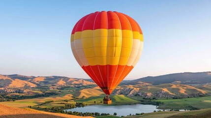 Obraz premium A vibrant hot air balloon floats above scenic hills and a tranquil lake during a clear sunrise.
