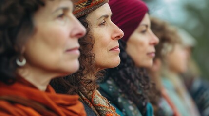 Obraz premium Women standing closely in a row, eyes closed, show unity