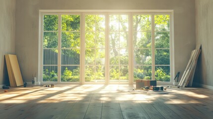 Fototapeta premium Natural light pours into a spacious room undergoing renovation, highlighting the beauty of the surrounding greenery.