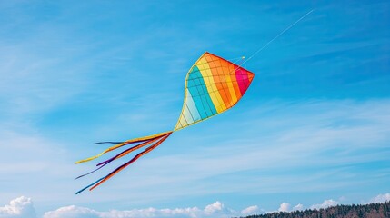A vibrant rainbow kite soars against a clear blue sky, showcasing colorful tails dancing in the wind.