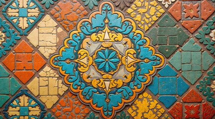 Bright floral pattern of ceramic tiles, floor design in an old house in oriental style, concept for space design