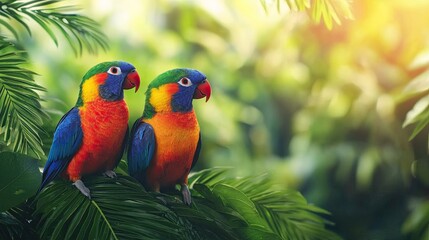 Two vibrant parrots perched on lush green leaves, surrounded by a natural, sunlit environment, showcasing their colorful feathers.