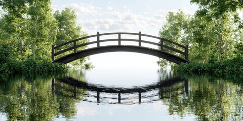 Fototapeta premium Wooden Bridge Over Still Water with Reflections and Overcast Sky