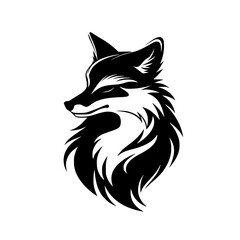 Obraz premium Stylized wolf head silhouette in black and white, Black-and-white silhouette of a stylized wolf head, showcasing sharp features and flowing fur, symbolizing strength and elegance, isolated on white.