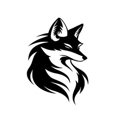 Stylized wolf head silhouette in black and white, Black-and-white silhouette of a stylized wolf head, showcasing sharp features and flowing fur, symbolizing strength and elegance, isolated on white.

