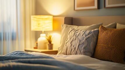 Fototapeta premium Elegant and Cozy Modern Bedroom Interior Design with Stylish Decor, mockup, poster and Background