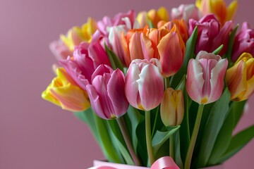 Fototapeta premium A vase filled with lots of colorful tulips