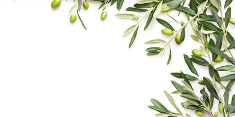 A photo of a frame of olive tree branches and leaves with copy space, shot from above on a white background with a place for text, organic banner