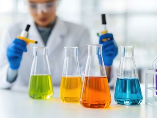 A researcher conducts experiments with colorful liquids in laboratory flasks, showcasing science and innovation.