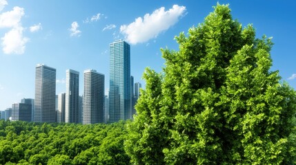 Fototapeta premium Green Cityscape Modern Skyscrapers with Lush Foliage