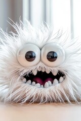 Obraz premium A tight shot of a plush toy featuring large, expressive eyes and a soft, textured coat atop a table Behind it, a window offers a peek into an outdoor scene