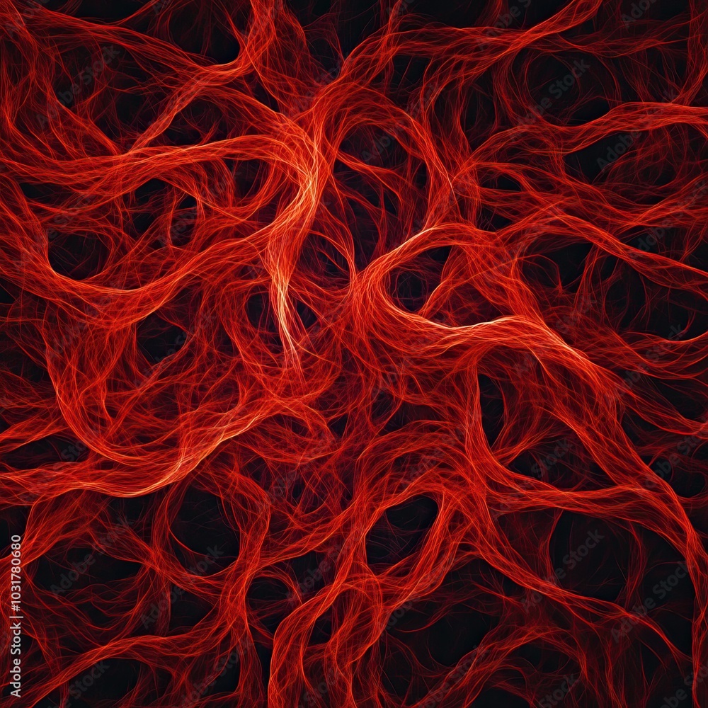 Poster abstract red strands swirling against a dark background, creating a dynamic and energetic compositio