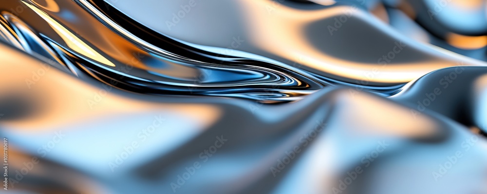 Poster abstract smooth metallic texture with reflections on a blue background.