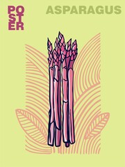 Poster (cover, card) of hand-drawn vegetables in pop art style. Linear drawing with color fill and text is a modern type of printed art for discounts, price tags, advertising