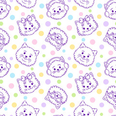 Seamless pattern with  cat faces and dots  on white background.