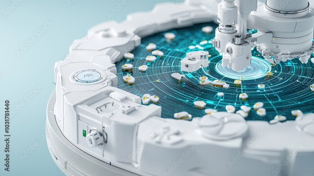 Poster futuristic automated machine with rotating parts and digital interface