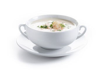 Cauliflower soup isolated on white background
