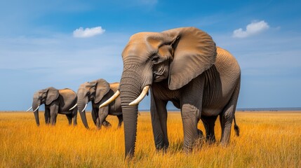 Fototapeta premium A majestic group of elephants walks through golden grass under a bright blue sky, showcasing their grandeur in a natural habitat.