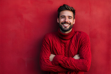 Handsome man with beard wearing casual red sweater happy face smiling with crossed arms looking at the camera. positive person.