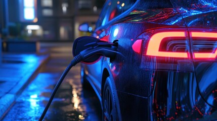Fototapeta premium Electric Car Charger Close-Up with Neon Lights