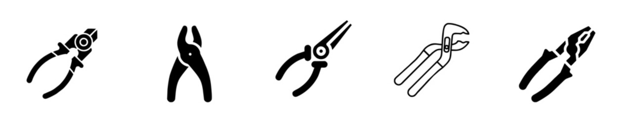 Pliers line black and white background icons set