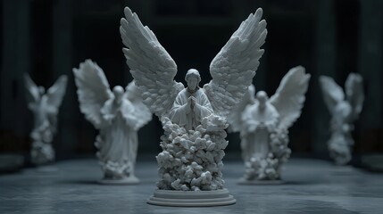Fototapeta premium Angelic Congregation White Marble Statues of Praying Angels in Dark Setting