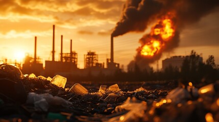 Industrial landscape at sunset with smoke and waste, depicting environmental pollution and its impact.