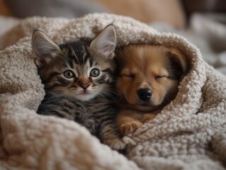 adorable kitten and puppy snuggled together, radiating warmth and affection, against a soft, cozy background that highlights their friendship
