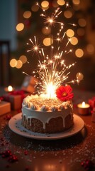 Delicious birthday cake with sparklers and a red flower.