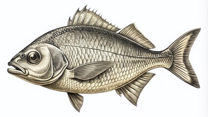Fototapeta premium Vintage Bream Engraving for Seafood Menus and Labels, Hand-Drawn Commercial Fish Sketch, Perfect for Canned Seafood