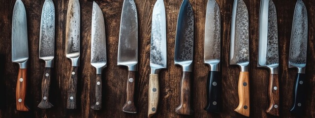 Identical chef's knives arranged meticulously, ready for an engaging culinary experience, gleaming blades reflecting anticipation and precision