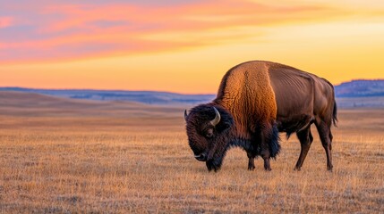 A majestic bison grazes in a vast golden prairie under a colorful sunset, showcasing the beauty of wildlife and natural landscapes.