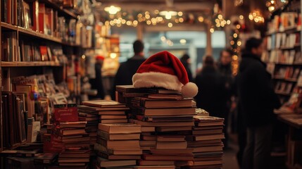 Library with Santa hat on a stack of books, Christmas promotion in the bookstore