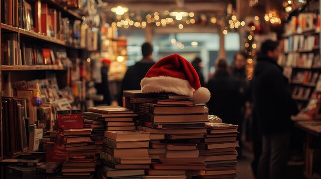 Library with Santa hat on a stack of books, Christmas promotion in the bookstore