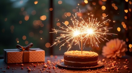 Birthday cake with sparklers and a gift box.