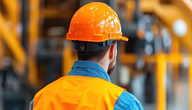 Worker in safety gear, orange helmet, looking at factory machinery.