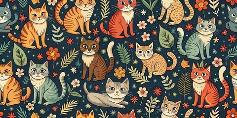 Naklejka premium Vintage Cat Pattern on Dark Background - Seamless Hand-Drawn Fun Design