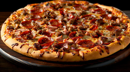 A classic meat lovers pizza with pepperoni, sausage, ham, and bacon