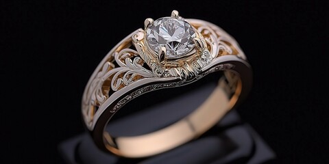 Naklejka premium Elegant Diamond Ring with Ornate Gold Band Jewelry Engagement Wedding Luxury Fashion
